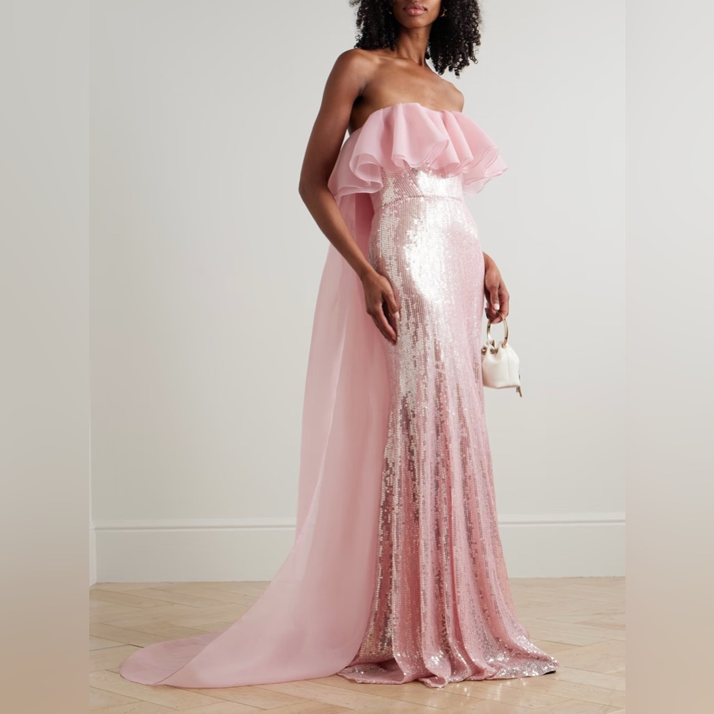 Jenny Packham NWT $6500 Pink Sequin Strapless Chiffon Gown Removable Cape - Picture 13 of 13